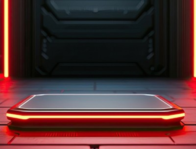 Cloud technology in public and private server storage concept. Futuristic platform surrounded by glowing neon lights in a sci-fi environment.